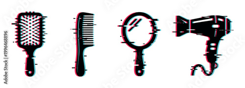 Hair care accessories with a modern digital glitch effect, featuring a brush, comb, mirror, and hairdryer.
