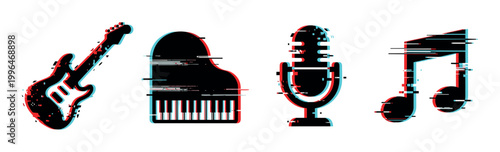 Glitch effect musical instruments and symbols featuring a guitar, piano, microphone, and music note with digital distortion.