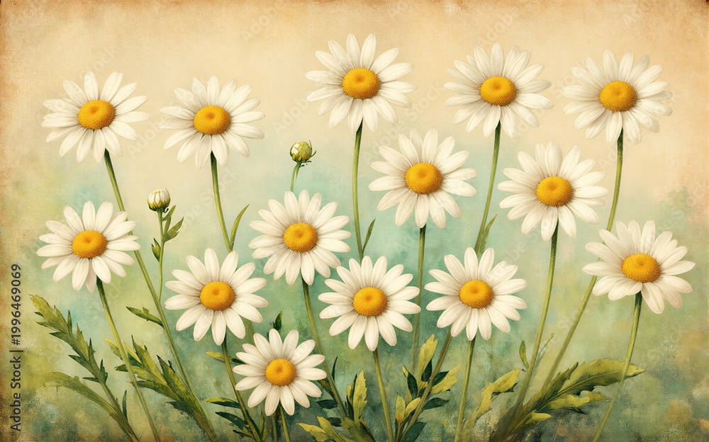 Fototapeta premium Whimsical daisies bloom in a soft vintage-toned meadow with gentle