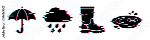 Umbrella, rain cloud, boot, and puddle icons with a modern glitch effect representing autumn weather and rainy season elements