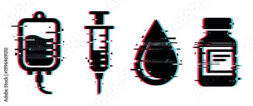 Medical icons with glitch effect featuring an IV bag, syringe, blood drop, and medicine bottle, representing digital health and modern medicine.
