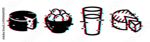 Dairy products, eggs, milk, and cheese icons with a modern digital glitch effect illustration, perfect for food-related designs.