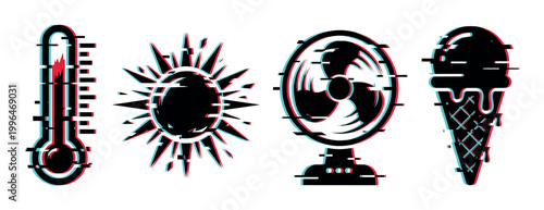 Summer icons with glitch effect, including a thermometer, sun, fan, and melting ice cream, representing hot weather and cooling.
