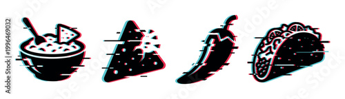 Mexican food icons with a modern digital glitch effect, featuring a bowl of dip, a nacho chip, a chili pepper, and a taco.