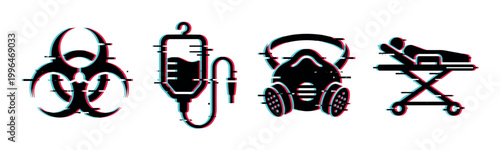 Biohazard symbol, IV drip, gas mask, and medical stretcher icons with a modern digital glitch effect.