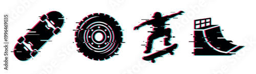 Skateboard, tire, skateboarder, and skate ramp icons with a modern glitch effect, representing extreme sports and urban culture.