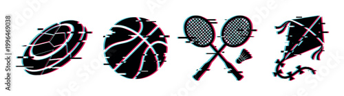 Sports equipment and recreational items featuring a modern digital glitch effect, including a rugby ball, basketball, badminton rackets, and a kite.