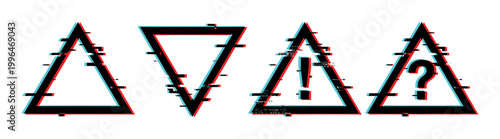 Glitch effect triangular warning signs and symbols with digital distortion, representing errors, problems, and uncertainty in technology.