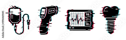 Medical devices, dental implant, and healthcare technology icons with a modern digital glitch effect.