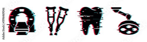 Medical icons with glitch effect representing modern healthcare technology and digital health challenges in a vector illustration.