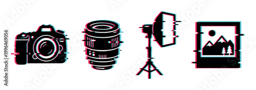 Photography equipment icons with modern glitch effect, including a camera, lens, studio light, and a picture frame.