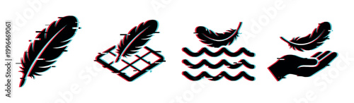 Feathers and lightness concept icons with a modern glitch effect, symbolizing softness, comfort, and weightlessness in a digital style.
