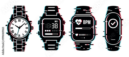 Collection of watches and smart devices with a modern glitch effect, showcasing analog, digital, and fitness tracker designs.