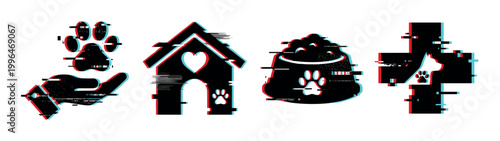 Pet care icons with modern glitch effect representing animal welfare and veterinary services and support.