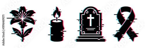 Glitch effect symbols of remembrance including a lily, burning candle, tombstone, and mourning ribbon, representing loss and memorial.