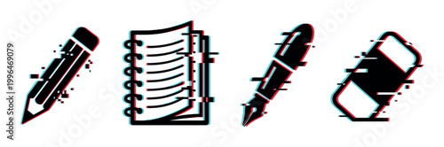 Pencil, notebook, pen, and eraser icons featuring a modern digital glitch effect with cyan and red colors.