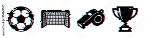 Soccer game equipment icons with a modern digital glitch effect, including a ball, goal, whistle, and trophy.