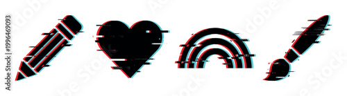 Pencil, heart, rainbow, paintbrush icons with a modern digital glitch effect, representing creativity, love, and hope in a distorted style.