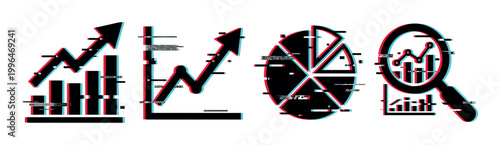 Digital data analysis icons with a modern glitch effect representing business growth, financial trends, and statistical information.