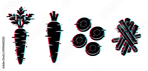 Stylized carrots with digital glitch effect, presented as whole vegetables, round slices, and julienned sticks.