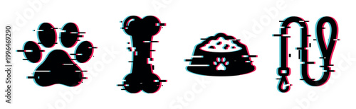 Pet paw print, bone, food bowl, and leash icons with a modern digital glitch effect and vibrant color shift.