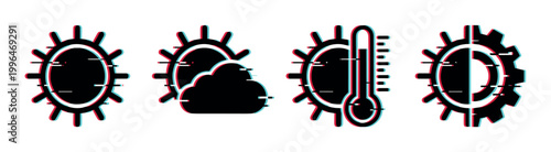 Glitch effect weather icons set featuring sun, cloud, thermometer, and day-night symbols for digital design.