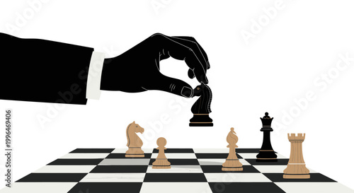Hand in a business suit moving a chess knight piece on a chessboard for strategic competition