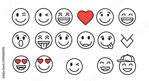 Set of minimalist smiley face icons and outline emoticons with various expressions.