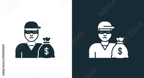 Thief or burglar with money bag flat vector icon