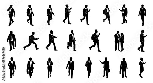 vector set of business people silhouettes walking communicating and commuting for corporate life concepts.