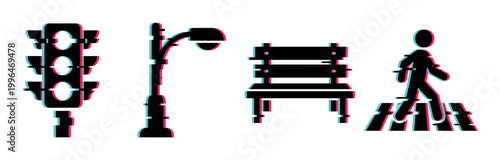 Urban street elements with digital glitch effect, including traffic light, lamp, bench, and pedestrian crossing symbol in a modern style.