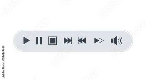 Media player control icons: play, pause, stop, skip, and volume.