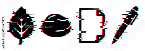 Leaf, nut, document, pen, abstract icons with glitch effect and digital distortion in a modern vector style.