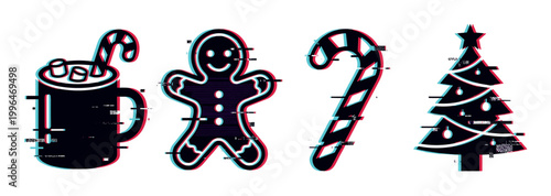 Christmas holiday icons with glitch effect featuring hot chocolate, gingerbread man, candy cane, and decorated tree.