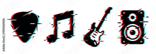 Music icons with digital glitch effect, including a guitar pick, musical note, electric guitar, and speaker, representing modern sound and technology.