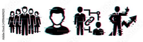 People icons with glitch effect representing business concepts and digital disruption in modern technology.