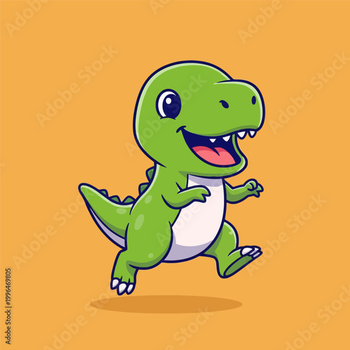 Cute green baby TRex dinosaur running happily.