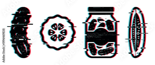 Cucumbers and pickles vector illustrations featuring a whole vegetable, a cross-section, a lengthwise slice, and a jar, all with a modern glitch effect.