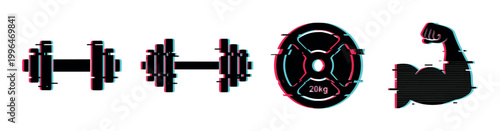 Dumbbells, weight plate, and bicep icons with a modern glitch effect representing fitness and strength training.