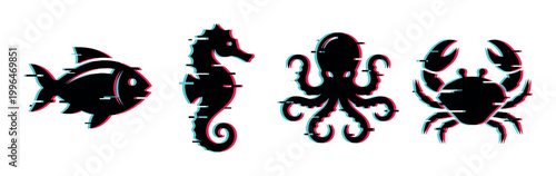 Fish seahorse octopus crab marine animals with modern digital glitch effect vector illustration set, featuring a trendy anaglyph style.