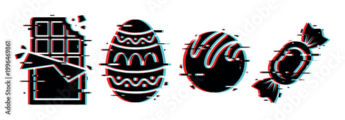 Glitch effect sweet treats illustration featuring a chocolate bar, decorated Easter egg, chocolate truffle, and wrapped candy.