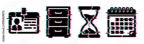 Glitch effect icons featuring an ID card, filing cabinet, hourglass, and calendar representing digital distortion and modern technology.