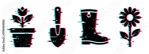 Gardening icons, potted plant, shovel, rain boot, and flower with a modern digital glitch effect.