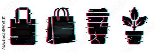 Eco-friendly icons with glitch effect featuring reusable shopping bags, coffee cup, and potted plant for sustainable living concepts.