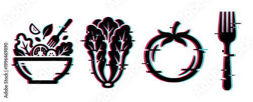 Digital glitch effect icons of fresh salad bowl, leafy green vegetable, ripe tomato, and eating fork representing healthy food and modern design.
