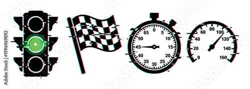 Racing speed icons with glitch effect, including a traffic light, checkered flag, stopwatch, and speedometer, representing competition and velocity.
