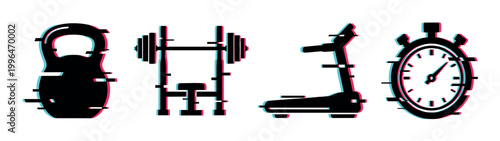 Kettlebell, barbell, treadmill, and stopwatch icons with a modern digital glitch effect representing fitness and workout concepts.