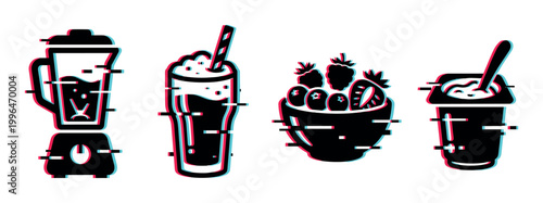 Healthy food and drink icons featuring a blender, smoothie, berries, and yogurt with a modern glitch effect.