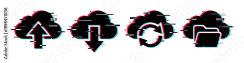 Glitch effect cloud icons representing data upload, download, synchronization, and storage concepts in a modern digital style.