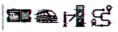 Train travel icons featuring a ticket, high-speed train, turnstile, and route map with a location pin, all rendered with a modern glitch effect.